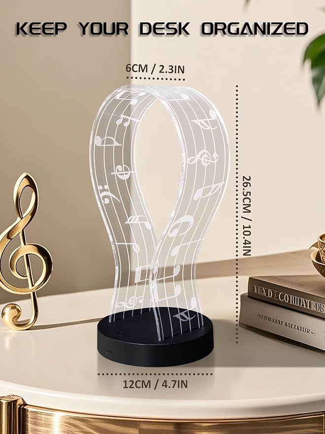 Light Up Headphone Stand with 16 Color Lights, Music Notes Pattern Acrylic Headset Stand with 1 USB and 1 Type-C Charging Ports, Gifts for Gamers Men and Music Lovers