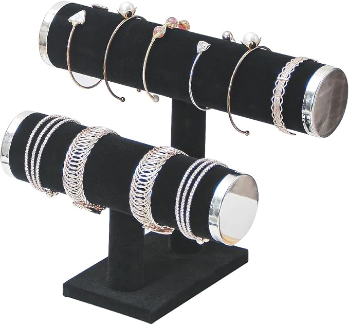 2 Tier Bracelet Holder Stand, Bangle Watches Display, Velvet Bracelet Jewelry Storage Organizer Rack, Hairband Scrunchie Show Tower Shop Selling or Home Use (Black)