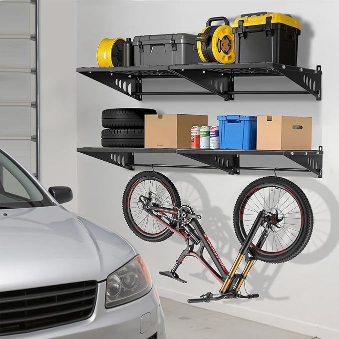 Garage Shelving 2x2ft 4-Pack, Garage Storage Rack 24"x24" Metal Shelves Black Wall Mounted with rods & 4 Hooks, Heavy Duty Wall Shelving Floating Shelves, 880lbs Total load Capacity