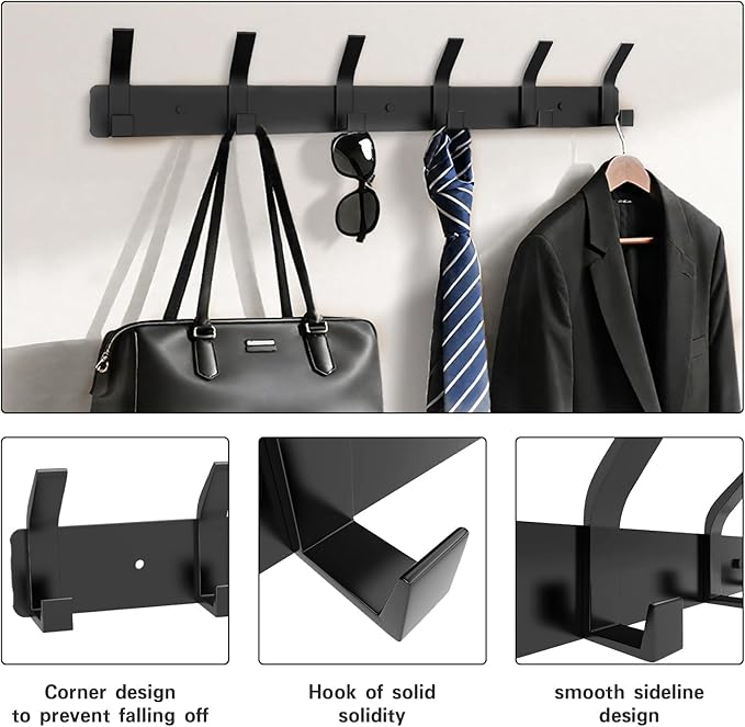 2 Pack Coat Rack Wall Mount,17.3 in Wall Hooks for Hanging, Coat Hanger Wall Mount Towel Rack Hat Rack for Wall with 6 Hooks for Entryway, Bedroom, Bathroom (Black,6 Hook-2Pack)