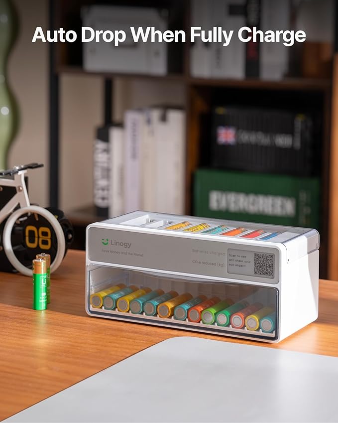 8-Slot Battery Charger Only, for AA AAA Lithium NiMH NiCd, Auto-Drop Rechargeable Battery Station with E-Ink, Storage, 3h Fast Charging, Bad Batteries Detection