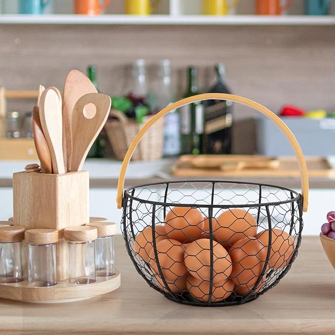 Farmhouse Wire Egg Basket for Gathering Fresh Eggs with Wooden Handle, Vintage Style Metal Egg Collecting Basket Countertop Storage Container Holder for Kitchen Decor and Fruit Bin (Black)