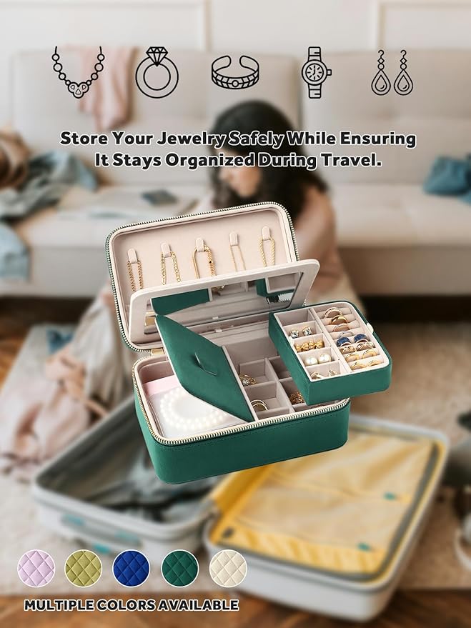 Velvet Travel Jewelry Box with Large Mirror, Double-Layer Jewelry Organizer Case for Women and Girls, Portable Storage Case with 6 Anti-Tarnish Bags Gift Ready for Her (Emerald Green)