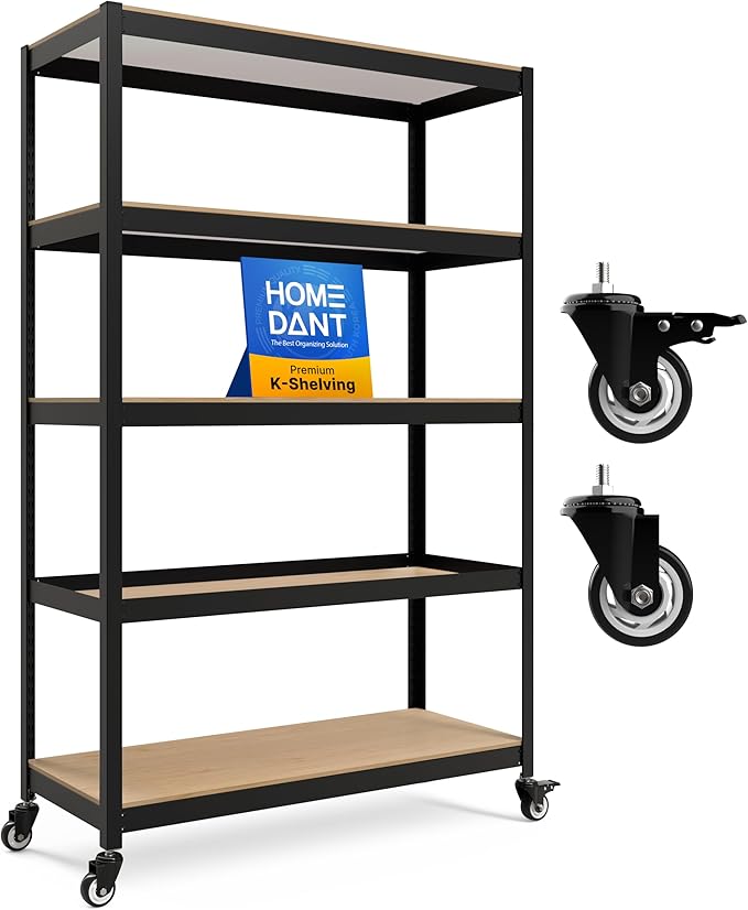 HOMEDANT House 5-Tier Metal Boltless Rolling Cart Shelf Rack Casters Heavy Duty Wheel Shelving Unit Adjustable Utility Storage Shelves Organizer Shelf Kitchen Garage 48.1" W x 18.5" D x 75.4" H 1Pack