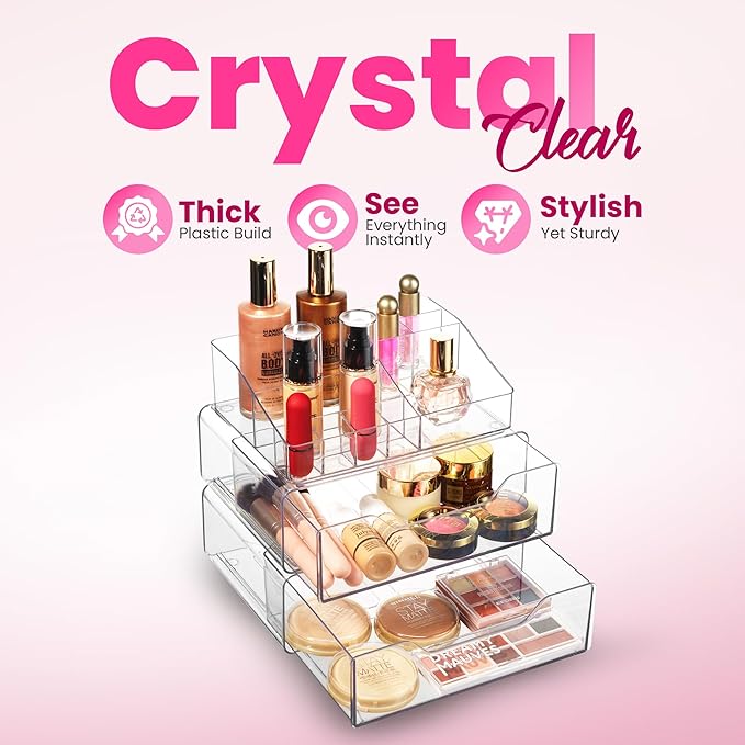 Clear Makeup Organizer - Acrylic Cosmetic Vanity Storage Organizers for Girls Dresser, Bathroom, Desk Counter - Plastic Make Up Holder, Jewelry Box (2-Drawer | Multi Compartments)