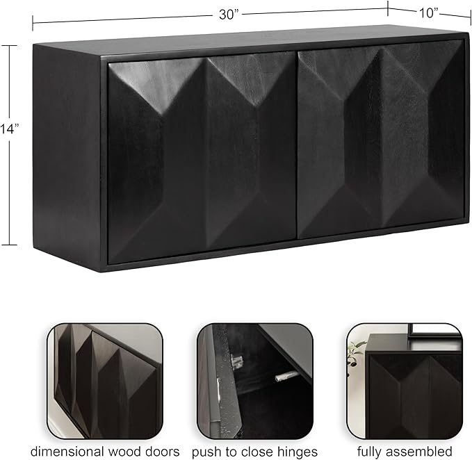 Kate and Laurel Ranier Modern Wooden Two-Door Wall Cabinet, 30 x 10 x 14, Black, Decorative Storage Cabinet with Dimensional Face for Use as Floating Nightstand or Floating TV Shelf