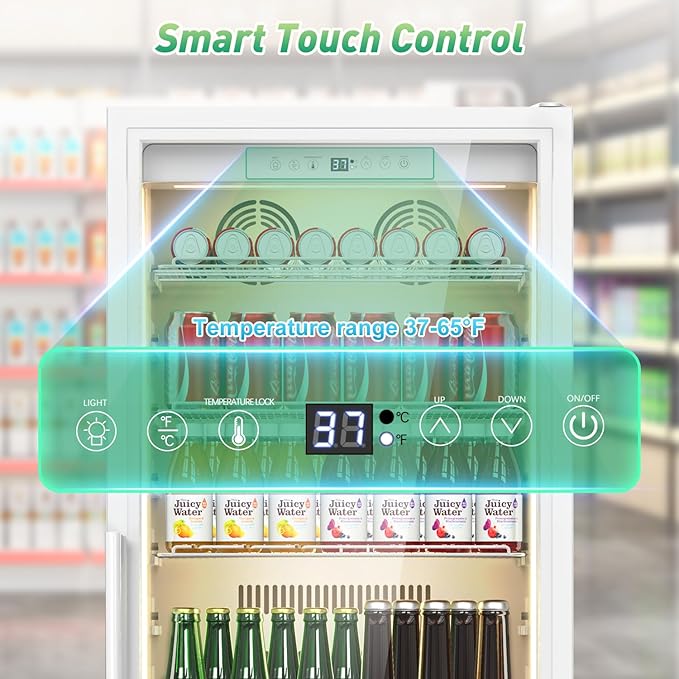 Commercial Merchandiser Refrigerator, 13.8 Cu Ft Display Beverage Fridge with Glass Door Upright Cooler with LED Light Low Noise, Fast Cooling for Shop, Restaurant, Office (White)