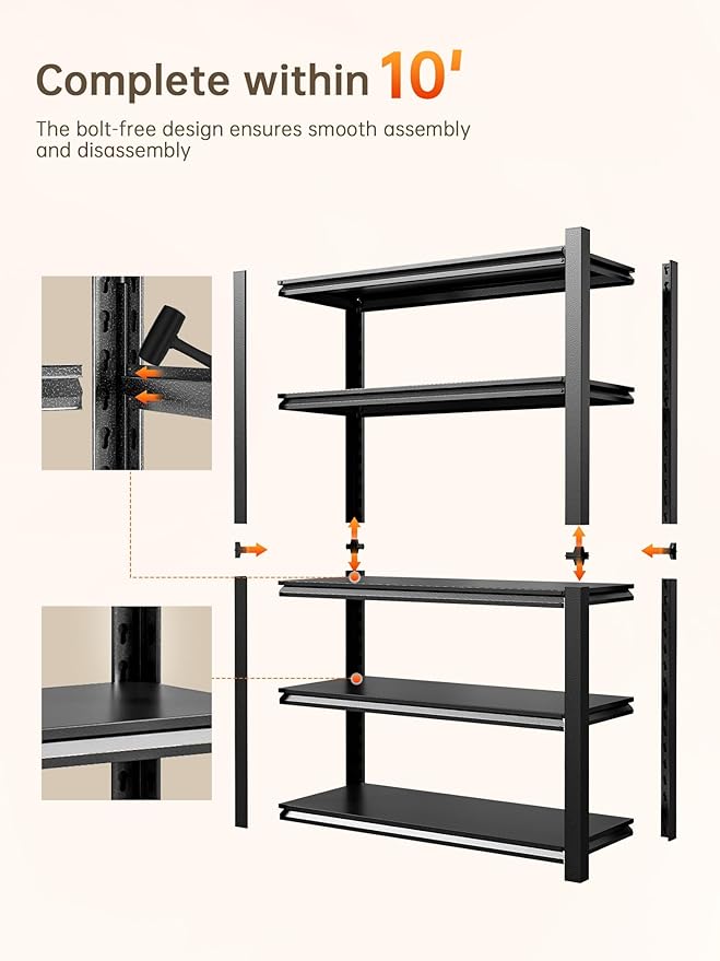 JHYKHG 72" H Storage Shelves,5-Tier Heavy Duty Garage Shelving,Adjustable Shelving Unit,Metal Shelf,Boltless Assembly Rack for Warehouse,Shed,3,000 lb Load,20 x 48 x 72 Inches,Black