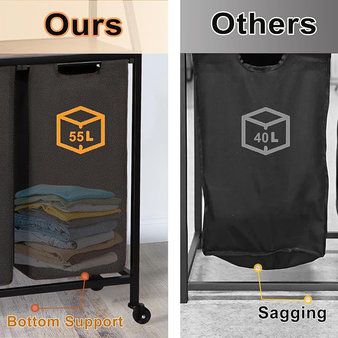 Laundry Hamper, Laundry Sorter 3 Section, Rolling Laundry Basket with Wheels, 3 Drawers, 3 × 14.5 Gal (55 L), Pull-Out and Removable Oxford Fabric Bags, Black and Rustic Brown