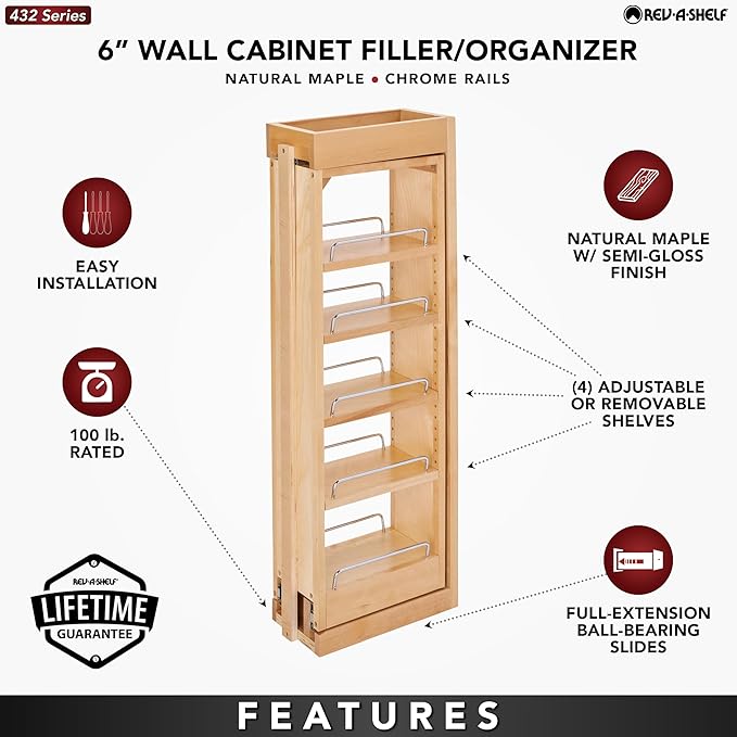 Rev-A-Shelf 6"W x 33"H Pull Out Quad Shelf Organizer for Wall & Base Kitchen Cabinets, Full Extension Filler Spice Rack, Adjustable, Wood, 432-WF33-6C