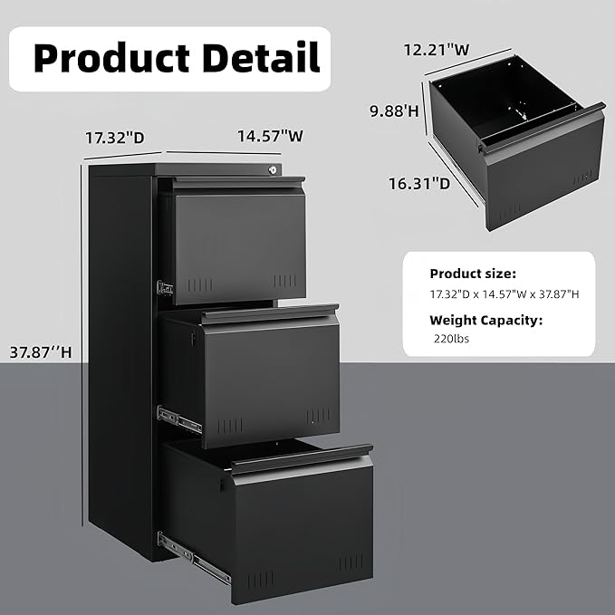 Metal File Cabinet with Lock, Vertical 3 Drawer File Cabinets for Home Office, Heavy Duty Office Storage Cabinet for A4/Letter/Legal Size, Assembly Required(Black)