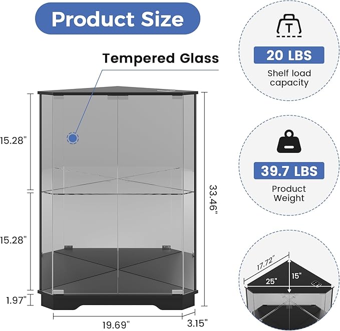 Corner Display Cabinet with Glass Doors, Small Display Case with 3-Color LED Lights and Charging Station, 2-Tier Curio Cabinet with Storage and Shelf, Black