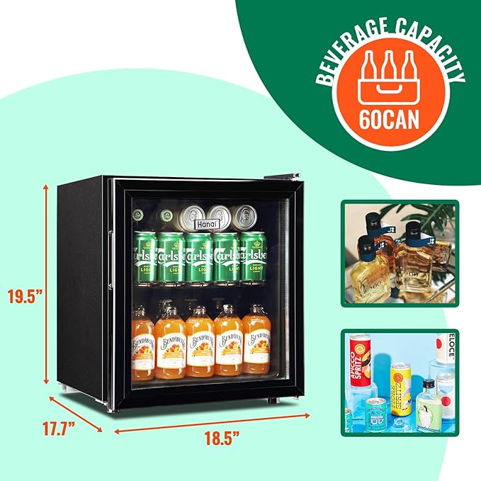 WANAI Mini Fridge Glass Door 58 Cans Beverage Cooler Refrigerator Small Beer Fridge 1.7 cu.ft Organizer for Drinks Soda Wine Small Refrigerator with Blue LED for Home Office Dorm
