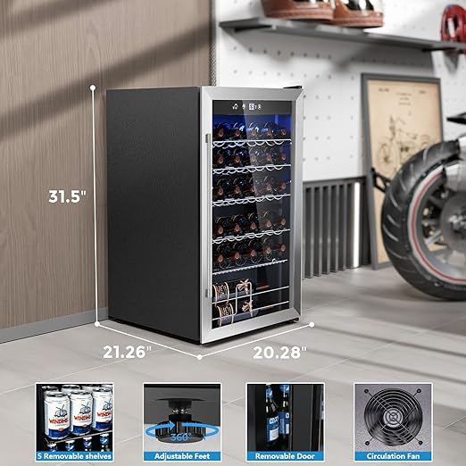 COWSAR 37 Bottle Wine Fridge, 4.45 Cu.Ft Freestanding Commercial Beverage Refrigerator with Reversible Double Pane Glass Door & Adjustable Wavy Wire Shelves, Wine Cooler for Kitchen Bar, Silver