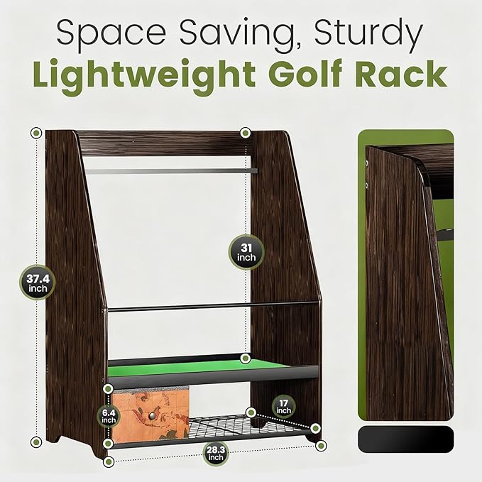 Golf Bag Organizer Rack – Large Wooden Golf Storage for 2 Bags, Clubs & Accessories with Dustproof Drawer, Sports Equipment Rack for Garage, Practice Room, Home or Office (Black)