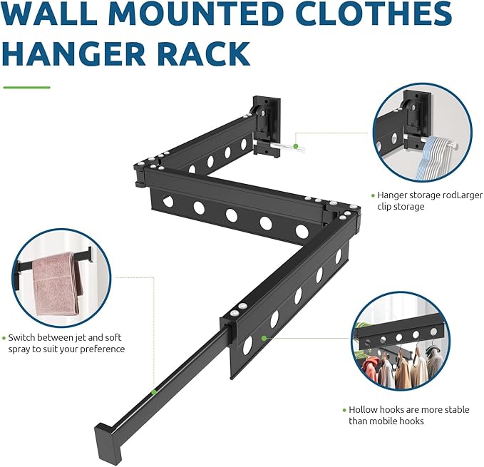 Clothes Drying Rack Wall Mounted, Multi-Tier Collapsible Laundry Drying Rack, Space Saving Wall Mounted Clothes Drying Rack for Indoor & Outdoor, Retractable, Folding, Black Drying Rack Clothing