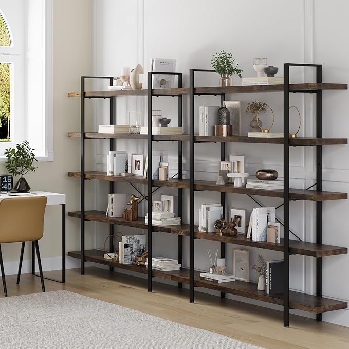 Bookshelf Set of 2, Heavy Duty 5-Tier Industrial Bookcase, 47" Wide Wood Bookshelf for Home Office, 120lbs Shelf Capacity, Rustic Open Display with Horizontal Shelf for Living Room Bedroom