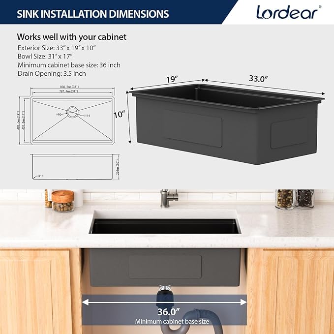 Lordear Matte Black Kitchen Sink 33 Undermount Kitchen Sink 33X19 Inch Ledge Workstation16 Gauge Stainless Steel Single Bowl Under Counter, Darker Than Gunmetal Black