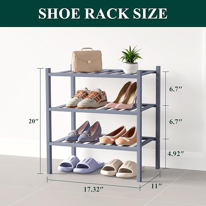 Smiry Bamboo Shoe Rack for Closet, 3 Tier Small Wooden Stackable Shoe Organizer, Free Standing Shoes Storage Shelf for Entryway, Front Door Entrance, Grey