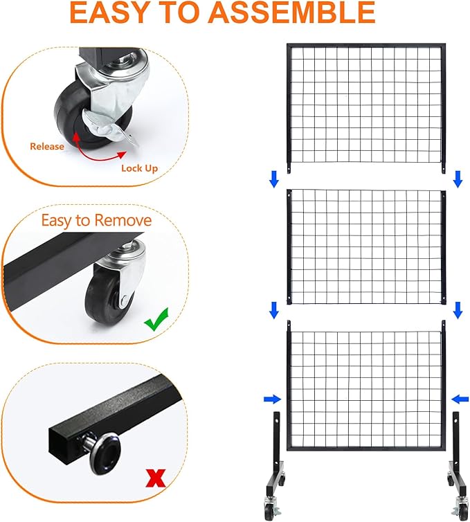 Eastern Tree 1 Pack 2.5'x 6' Three Pieces Grid Wall Panels Stand with T-Base, Black Wire Grid Wall Rack with Wheels, Craft Display Rack, Retail Display, Art Display, Extra More 10 Pieces Hooks