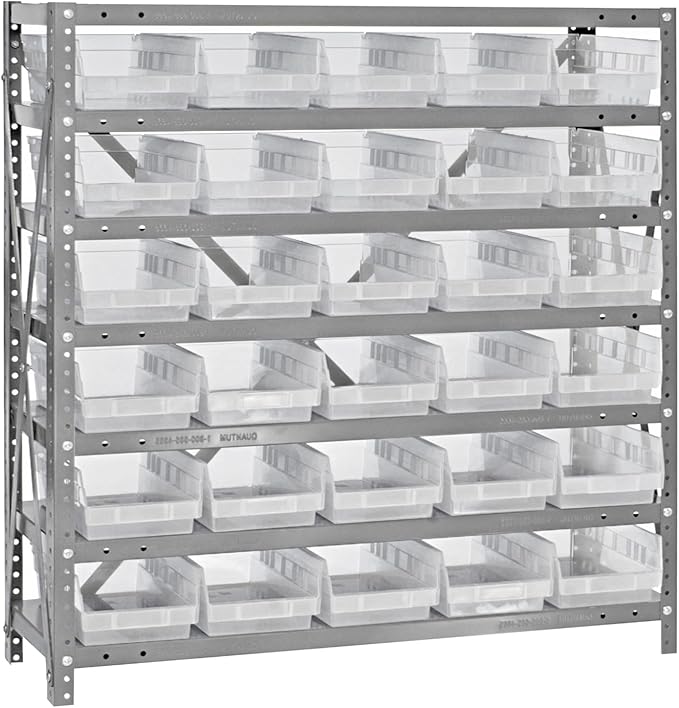 Quantum 1839-104CL Heavy Duty Shelving Unit with (7) Shelves and (30) Clear QSB104 Bins for Garage Warehouse Storage Distribution | 400 lb Load Capacity | 18"D x 36"L x 39"H, Galvanized Carbon Steel