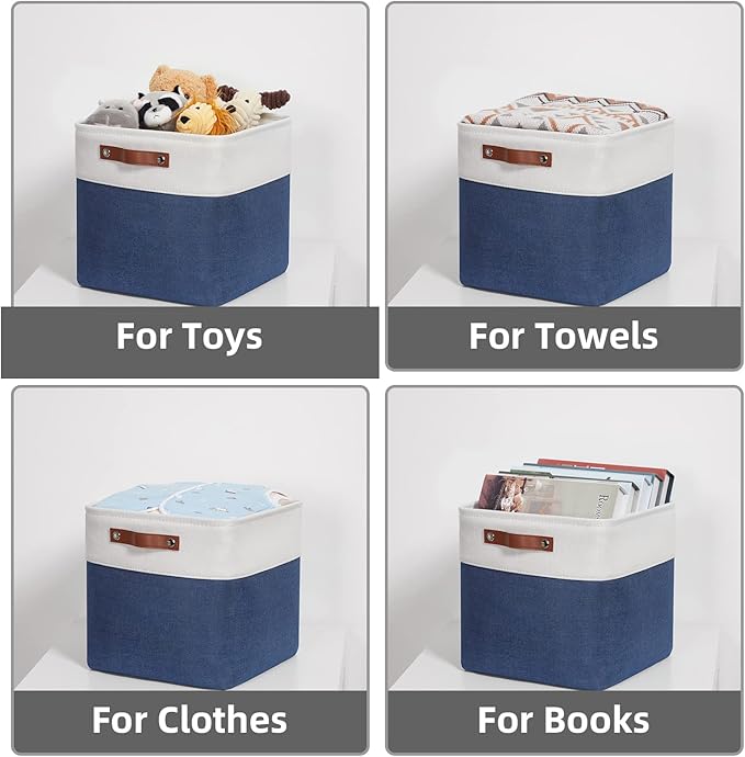 HNZIGE Fabric Storage Basket(4 Pack) Linen Baskets for Organizing,12x12 Storage Bins for Shelves,Towels,Blankets,Toys with Leather Handles(White&Blue)