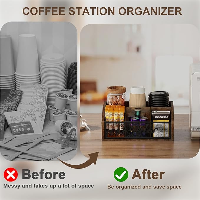 YINMIT Coffee Station Organizer for Countertop, Wood Coffee Bar Organizer with Removable Dividers for Pods, Syrup, Cups, Stirrer, Tea - Office Coffee Bar Accessories