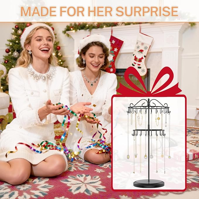 iDavosic.ly 2 Tier Rotating Necklace Holder Organizer with 42 Hooks, Adjustable Metal Bracelet Display Stand Rack, Extra Tall Keychain Spinning Tree Tower for Women, Black