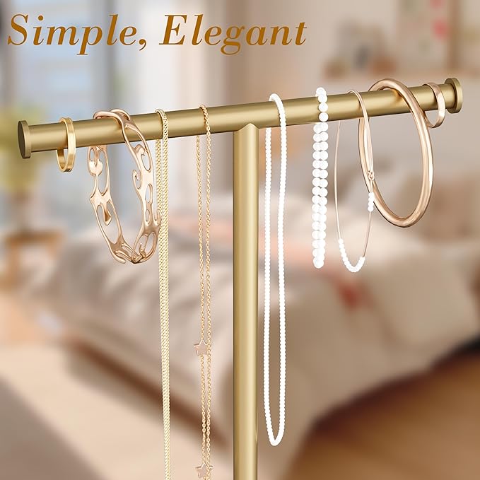 Gold Necklace Organizer Stand with Storage Tray - 12.6" Tall T-Shaped Jewelry Holder Stand for Bracelets, Earrings, Rings | Stylish Home & Vanity Décor for Women.