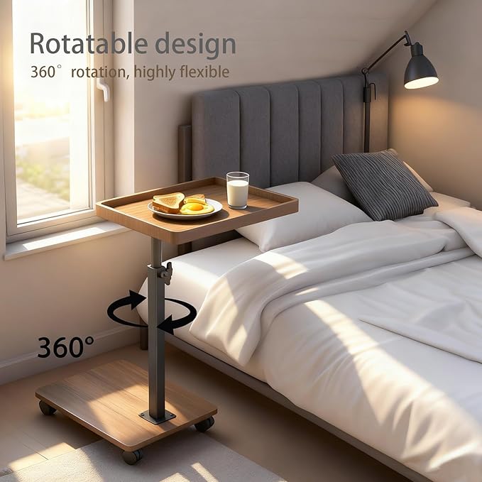 Adjustable Height Couch Tables That Slide Under Sofa, 360° Swivel Modern Tv Tray Table with Wheel, C Shaped End Table for Couch, C Table for Small Place, Perfect for Livingroom, Bedroom