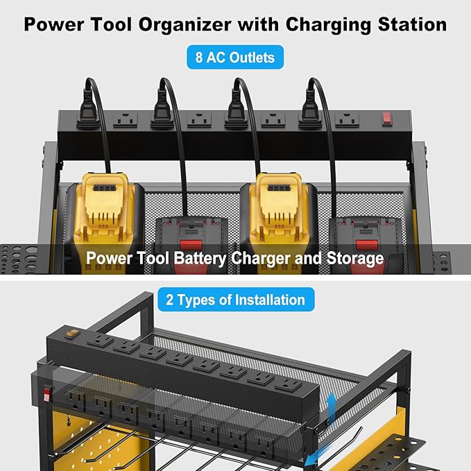 JUNNUJ Power Tool Organizer Floor Stand with Charging Station, Garage Adjustable Storage Rack Utility Tool Shelf with 8 Outlet Power Strip, Heavy Duty Drill and Battery Holder, Yellow