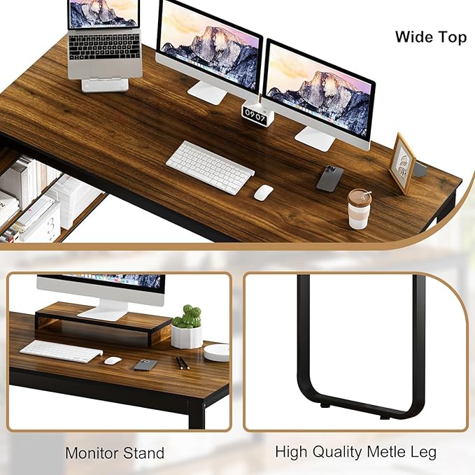 55 Inch L Shaped with Storage Shelves, Corner Computer Desk with Drawers, Home Office Desk with Removable Monitor Stand, Study Desk for Kids, Black