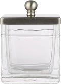 Apothecary Glass Cotton Jar Holder Brushed Nickel Stainless Steel Lid, Elegant Bathroom Storage Canister for Qtips, Cotton Balls, Floss, Makeup Organizer, Vanity Bathroom Organization