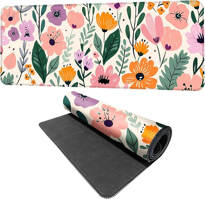 Floral Mouse Pad XXL – Large Extended Desk Mat with Cute Hand-Drawn Flowers,Non-Slip Mousepad for Office, School, Workstation, Gift for Women & Teens, 31.5 x 11.8 in