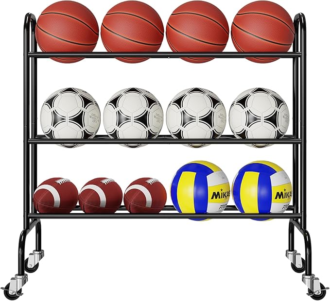 SUFAUY Sports Equipment Organizer, Garage Basketball Rack, Gear & Ball Storage Rack, Outdoor and Indoor Rolling Balls Cart with Wheels