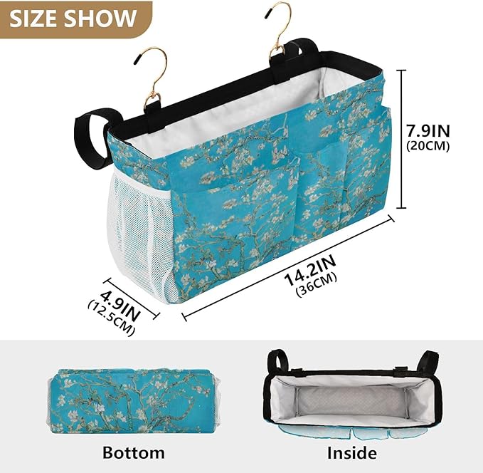 Bedside Caddy for Dorm Bed Bedside Hanging Caddy Bag Iron Frame Storage Organizer Pocket for Bunk Home College Hospital Beds 2 Hooks
