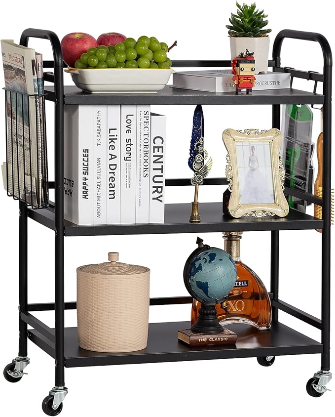 HDANI 3 Tier Metal Rolling Utility Cart,High Capacity Multi Purpose Heavy Duty Cart for Office,Kitchen,Living Room,Bedroom,Black