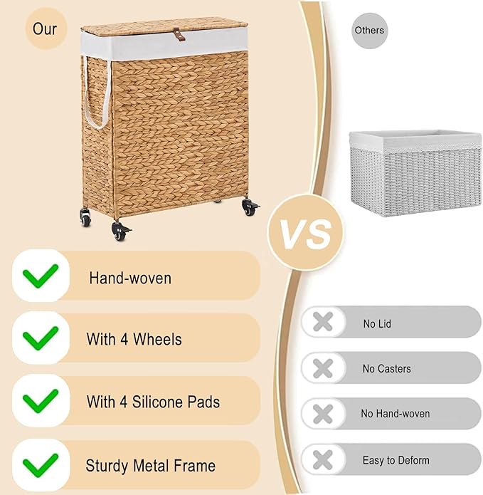 Rolling Laundry Hamper with Lid and Wheels, Slim Laundry Basket with Removable Liner Bag & 2 Mesh Bags, Handwoven Water Hyacinth Clothes Hamper for Bedroom Bathroom (Natural, 85L)