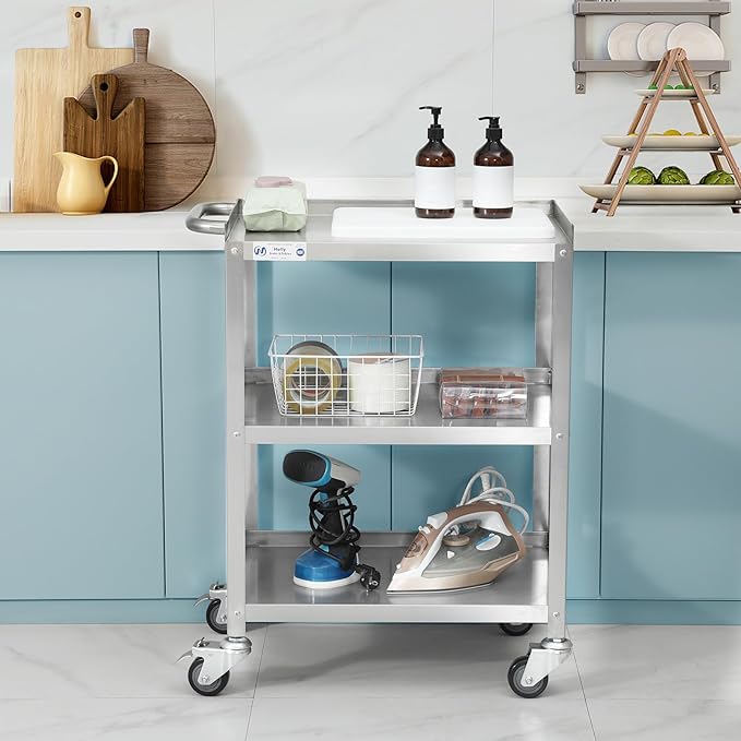 Hally Stainless Steel Utility Cart 3 Tier NSF Commercial Heavy Duty Metal Mobile Food Rolling Cart with Handle and Wheels for Kitchen, Restaurant, Hospital, Laboratory and Home, 24" L x 16" W x 34" H