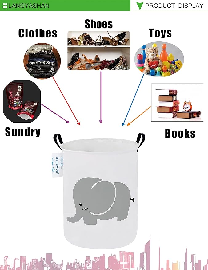 LANGYASHAN Laundry Basket Canvas Fabric Collapsible Organizer Basket for Storage Bin Toy Bins Gift Baskets Bedroom Clothes Children Nursery Hamper (Elephant)