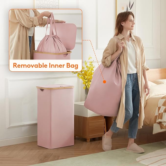 Lifewit 100L Laundry Basket with Lid, Clothes Hampers for Laundry with Bamboo Handles and A Removable Laundry Bag, Large Foldable Hamper for Bedroom, Bathroom, Dorm, Laundry Room, Pink