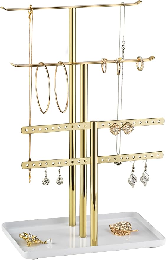 pickpiff Jewelry Stand Organizer Necklace Holder- 12.5" Sturdy Earring and Bracelet Hanger, Mirrored Gold, Aesthetic Room Decor
