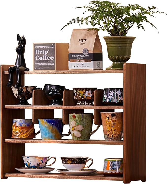 Coffee Cup Holder for Countertop Walnut Wood Coffee Mugs Holder for Kitchen Mug Display Rack (4-Tier Walnut wood A)