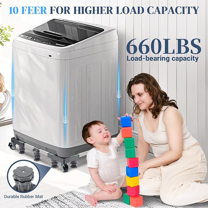 WBD WEIBIDA Upgraded Full-size Washing Machine Base Stand with 4 Locking Wheels & 10 Strong Feet, 24-31" Fridge Stand Adjustable Flat Dolly Cart Mobile Base for Washer, Dryer, Refrigerator, Furniture