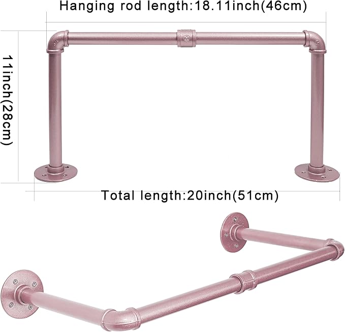 WEBI Industrial Pipe Clothing Rack,20" Wall Mounted Clothes Rack for Hanging Clothes,Heavy Duty Metal Garment Rack Bar Wall Mount Clothing Rod for Closet,Laundry Room,Rose Gold