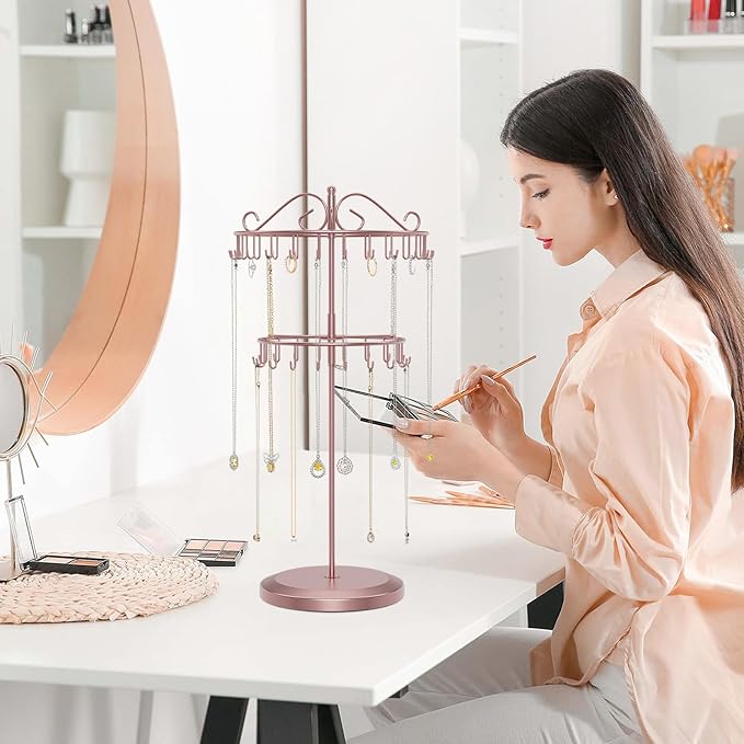 iDavosic.ly 2 Tier Rotating Necklace Holder Organizer with 42 Hooks, Adjustable Metal Bracelet Display Stand Rack, Extra Tall Keychain Spinning Tree Tower for Women, Rose Gold