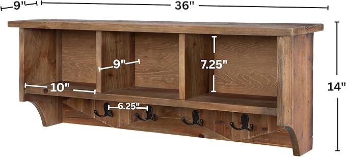 Revive Solid Wood Wall Mounted Coat Rack with 3 Cubbies and 4 Double Hooks – 36" Entryway Wall Shelf Organizer with Easy Installation for Hallway or Mudroom Storage by Alaterre Furniture (Natural)