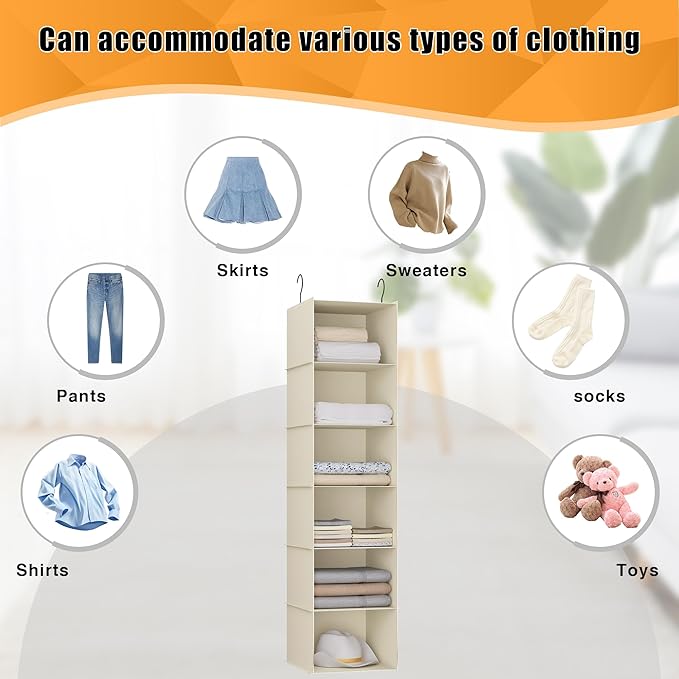 Hanging Closet Organizer, Easy Mount Foldable 6-Shelf Hanging Closet Wardrobe Storage Shelves, Clothes Handbag Shoes Accessories Storage, Washable Oxford Cloth Fabric, Beige