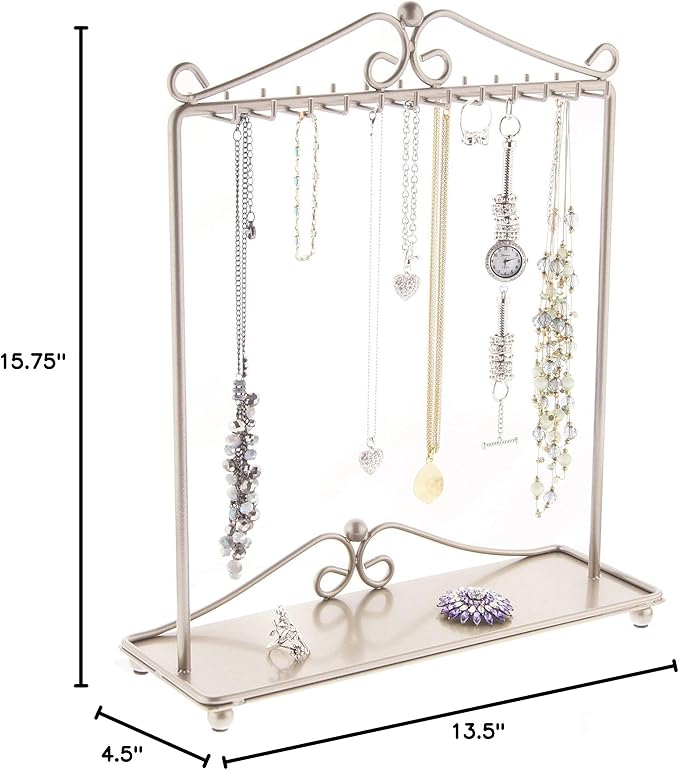 Angelynn's Sturdy Long Necklace Holder Organizer Tall Tabletop Pendant Display Stand, Freestanding Large Capacity Jewelry Tree, Calla Satin Nickel Silver 13 1/2" Wide x 15 3/4" Tall