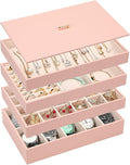 Voova Stackable Jewelry Organizer Tray with Lid, PU Leather Jewelry Storage Holder for Drawer Inserts, Jewellery Display Box Case for Earring Necklace Ring Watch Bracelet (Set of 4, Pink)